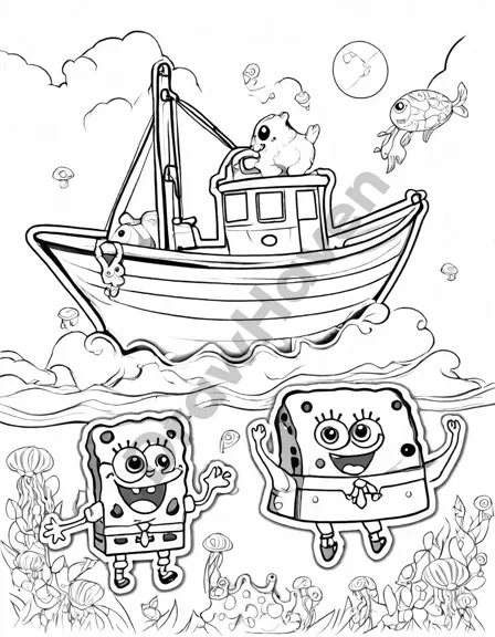 Coloring book image of spongebob and patrick on a jellyfishing adventure in their boat in black and white