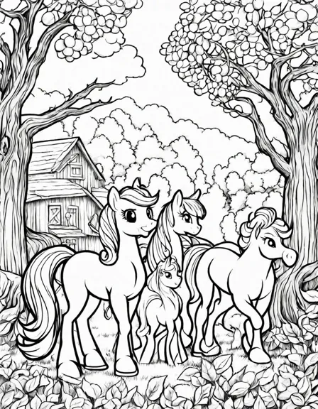 Coloring book image of applejack family at sweet apple acres surrounded by apple trees and the barn, apple bloom and sweetie belle frolic in black and white