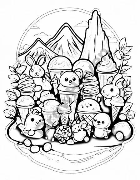 coloring page of a whimsical ice cream shop in a chocolate mountain with animals and happy customers in black and white
