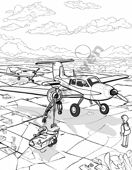 Coloring book image of sunset at airfield with colorful sky, airplanes on ground, and pilot checking propeller plane in black and white