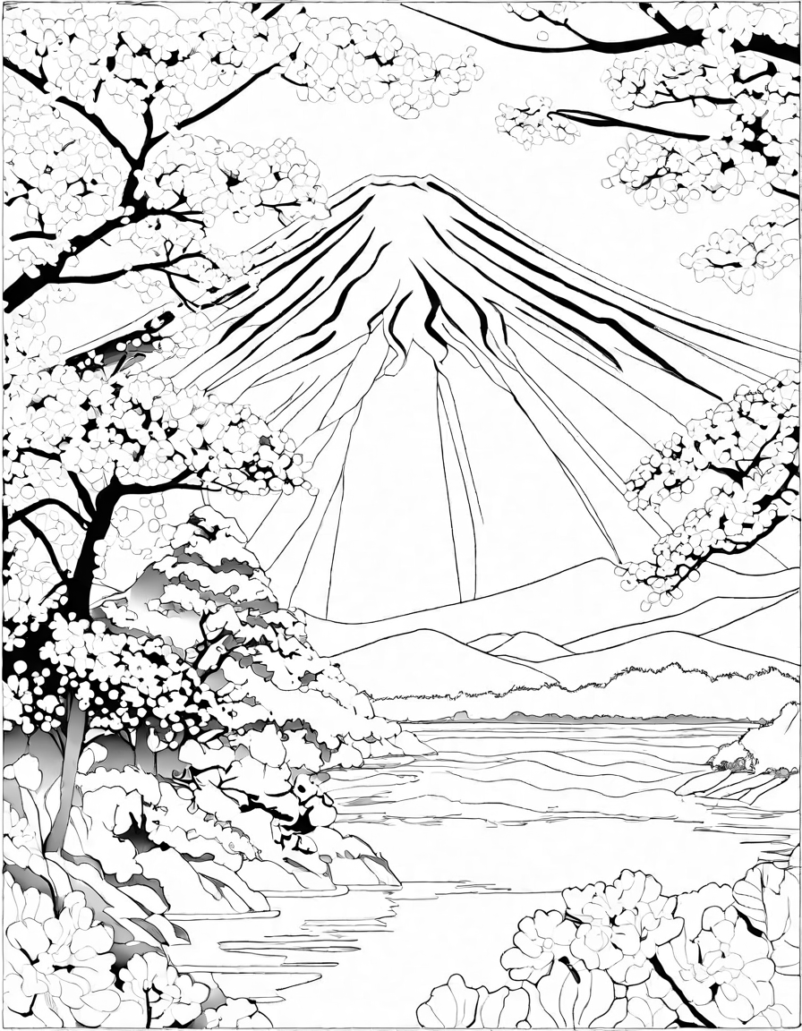 coloring page of mount fuji with cherry blossoms in spring, highlighting japan's natural beauty in black and white