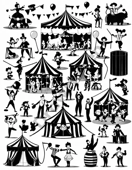 coloring page depicting circus performers and crew preparing under the big tent in black and white