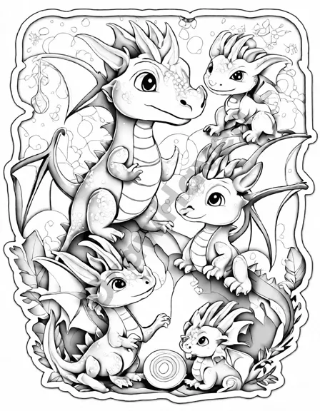 Coloring book image of playful young dragons in a magical nursery with enchanted toys and shimmering scales in black and white