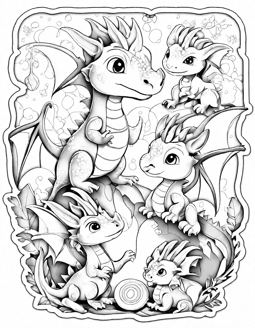 Coloring book image of playful young dragons in a magical nursery with enchanted toys and shimmering scales in black and white