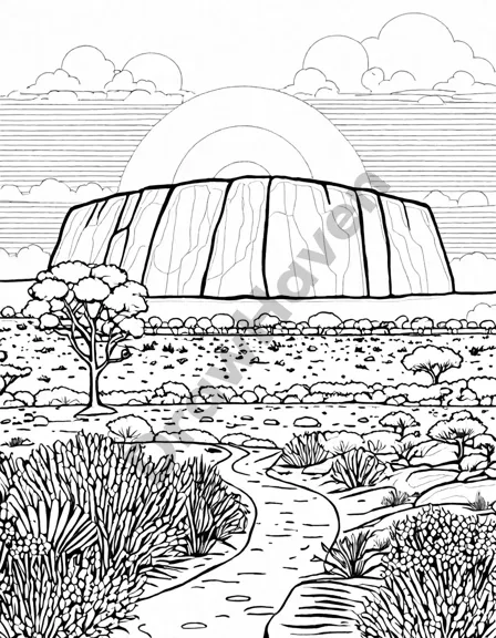 coloring page of uluru at sunset with vibrant sky and outback flora, inviting detailed coloring in black and white