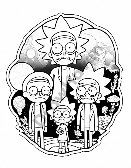 morty's intricate coloring page showcasing his adventures with rick, vivid details invite you to explore the complexities of his mind and the multiverse's escapades in black and white