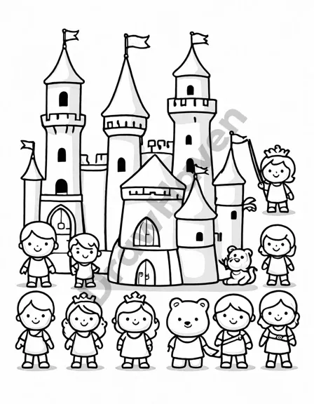 childrens coloring book page with numbers and princess & prince in black and white
