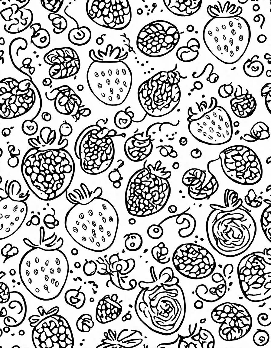 intricate coloring masterpiece showcasing a symphony of chocolate, strawberries, and raspberries, adorned with intricate patterns in black and white