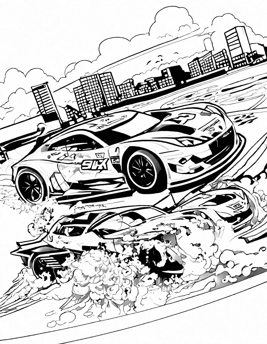 Coloring book image of vibrant stock car race illustration on an oval circuit with detailed vehicles in black and white