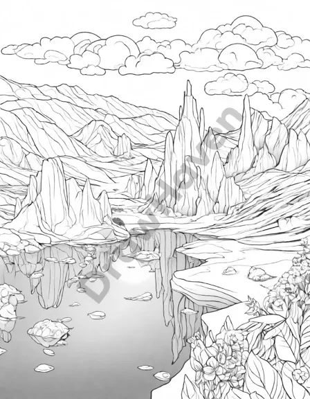 coloring page featuring delicate ice formations in the polar desert in black and white