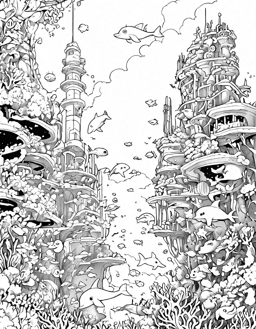 Coloring book image of underwater metropolis with coral skyscrapers, bioluminescent pathways, and marine wonders in black and white
