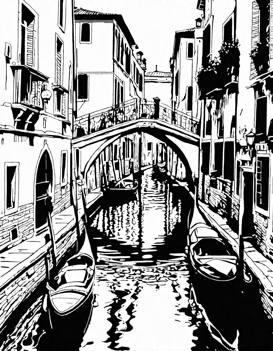 coloring book page showcasing the serene canals of venice with gondolas and historic buildings for a relaxing escape in black and white