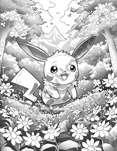 Coloring book image of pikachu and eevee frolic in a vibrant pokemon paradise with lush forest and colorful pokemon inhabiting tall trees in black and white