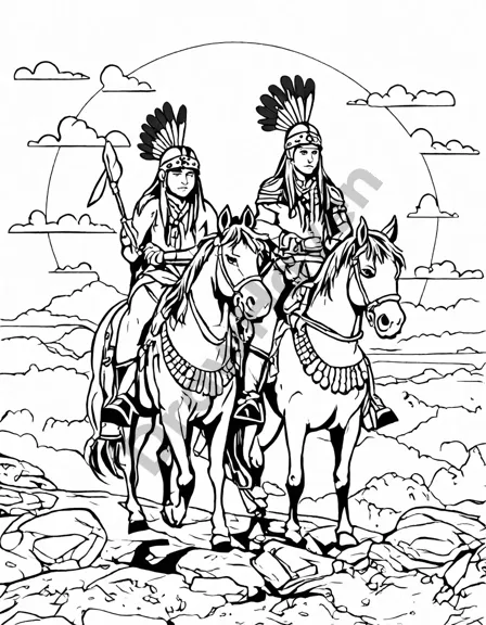 Coloring book image of native american riders in intricate headdresses ride horses into the sunset in black and white