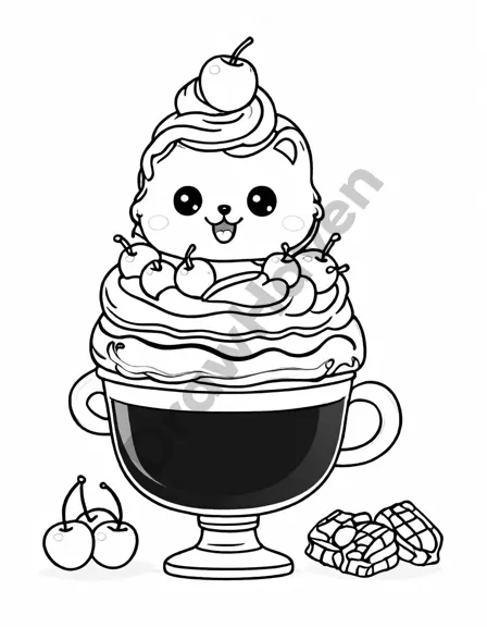 coloring page of 'chocolate fudge swirl extravaganza' in an ice cream shop with toppings in black and white