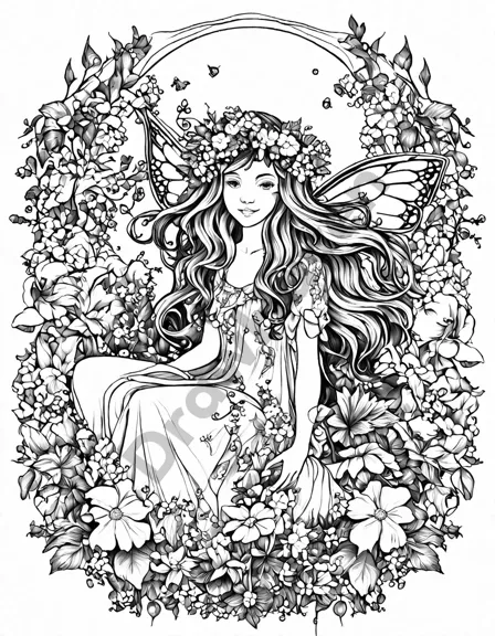 whimsical coloring book page of fairies playing music in a lush fairy garden at dawn in black and white