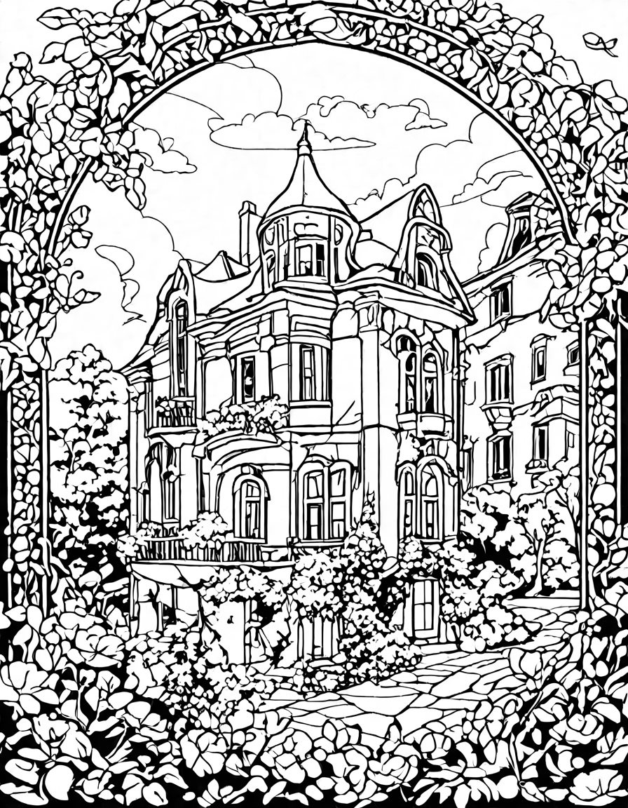 art nouveau coloring page featuring a building with flowing organic lines and floral motifs for immersive creative experience in black and white