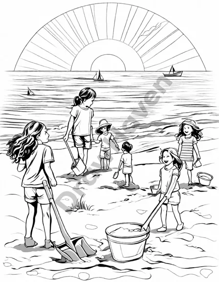 coloring page of beach scene with families building sandcastles by the sea in black and white
