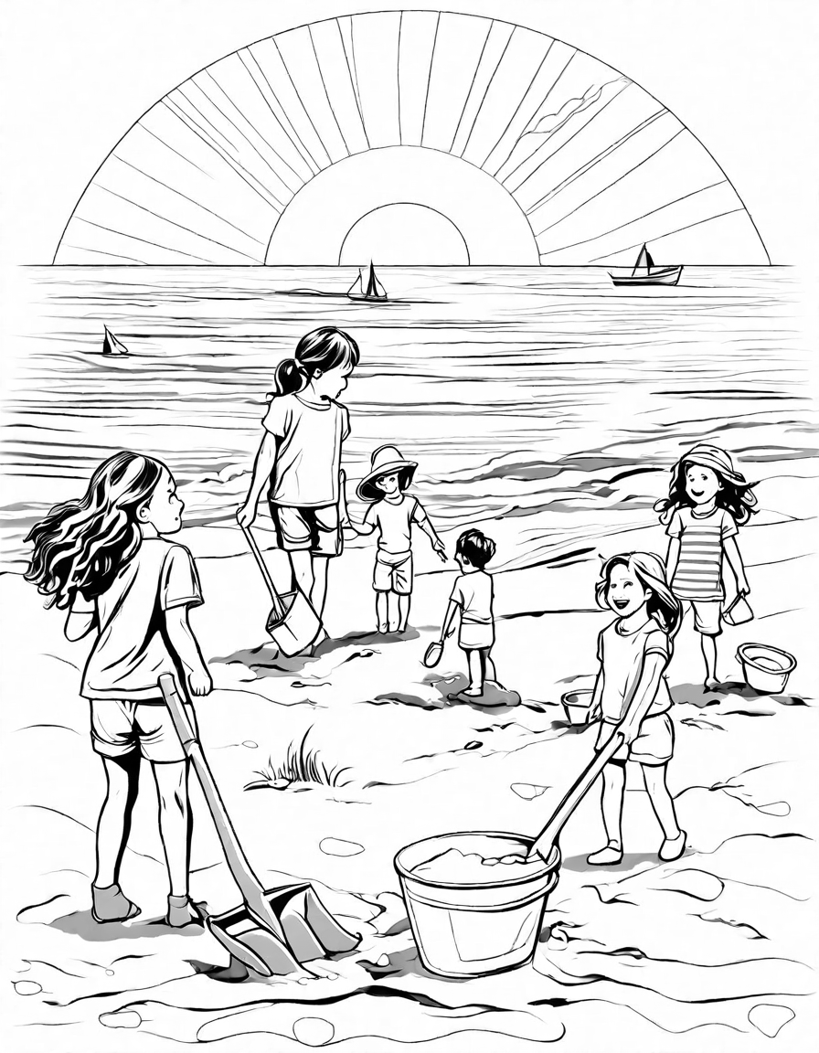 coloring page of beach scene with families building sandcastles by the sea in black and white
