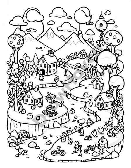 Coloring book image of whimsical math realm with dancing numbers, vibrant landscapes, and playful characters inviting exploration and discovery in black and white