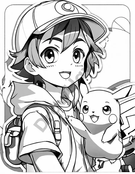 ash and pikachu, the pokémon trainer and his loyal companion, share an electrifying bond in this coloring book page in black and white