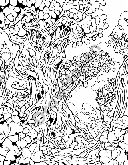 intricate coloring page depicting the timeless old vine with gnarled branches, intricate roots, and vibrant grapes in black and white