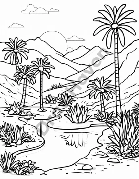 Coloring book image of vibrant desert oasis with lush palms, tranquil pool, and intricate details, inviting creativity in black and white