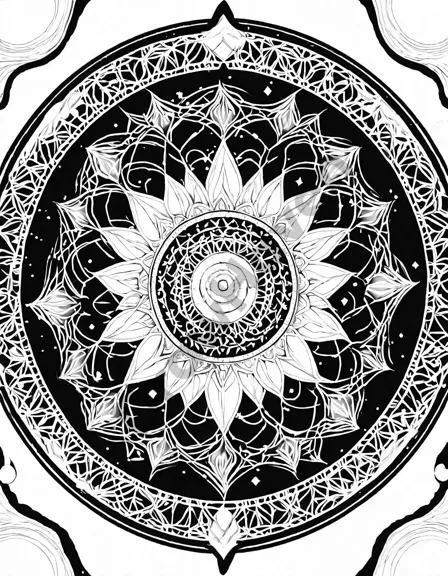 Coloring book image of intricate whispers of the universe mandala featuring celestial patterns and starbursts in black and white