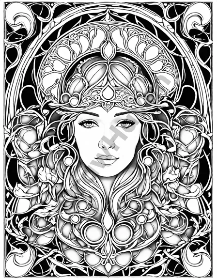 intricate art nouveau tilework coloring page featuring sinuous lines, flowing patterns, and graceful curves in black and white