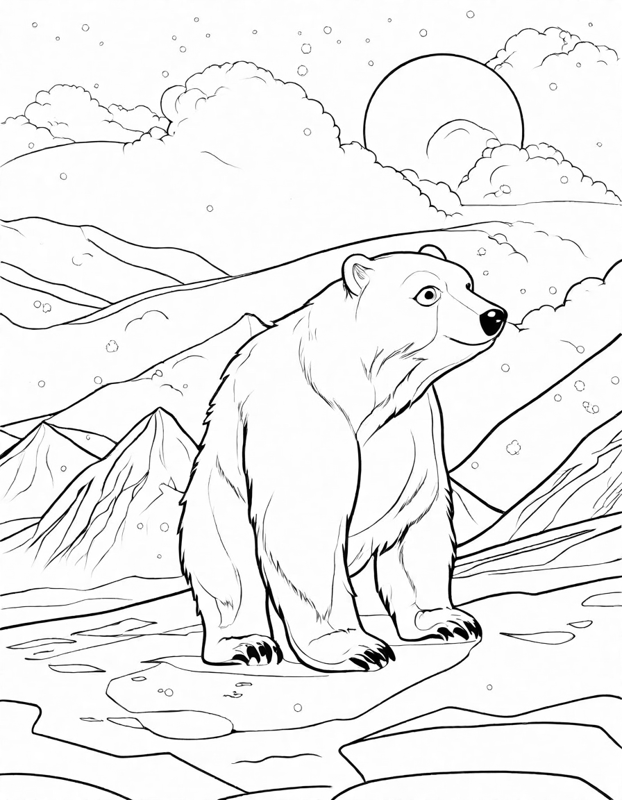 Coloring book image of polar bear in the arctic under the northern lights at night in black and white