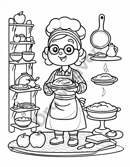 Coloring book image of grandma bakes apple pie, using an old recipe book in a kitchen filled with baking aromas in black and white