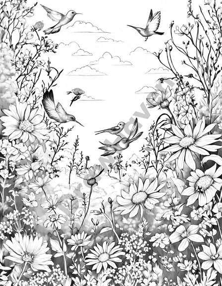 vibrant coloring book page featuring a hidden meadow filled with blooming wildflowers and soaring birds in black and white