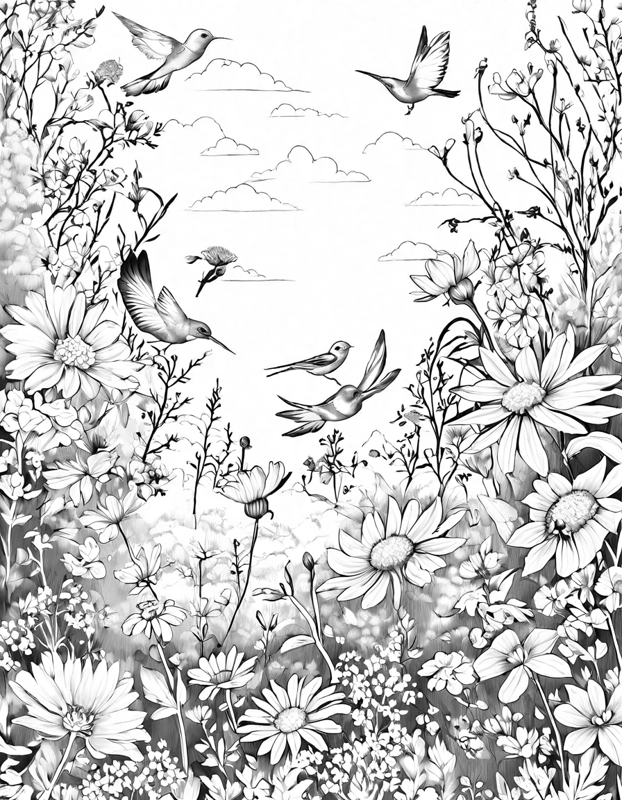 vibrant coloring book page featuring a hidden meadow filled with blooming wildflowers and soaring birds in black and white