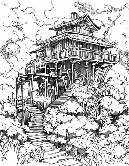 Coloring book image of cozy treehouse amidst a secluded bamboo forest, inviting escape and imagination in black and white