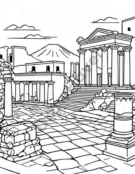 coloring book page showcasing the ancient ruins of pompeii with mount vesuvius in the background in black and white