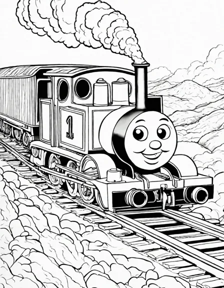toby the train chugs through clay pits, wheels rolling, steam rising, conquering challenges. coloring page in black and white