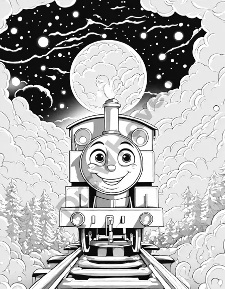 Coloring book image of thomas the tank engine meets a genie on a magical journey, their starry night adventure illuminated by a magnificent lamp in black and white