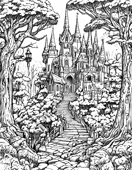 Coloring book image of enigmatic guardians amidst towering trees in a gothic fantasy forest, adorned with intricate carvings and runes in black and white