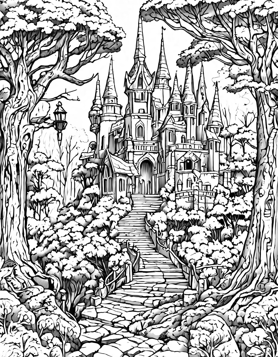Coloring book image of enigmatic guardians amidst towering trees in a gothic fantasy forest, adorned with intricate carvings and runes in black and white