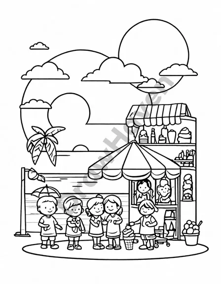 coloring book image of ice cream shop on the beach at sunset with families choosing treats in black and white