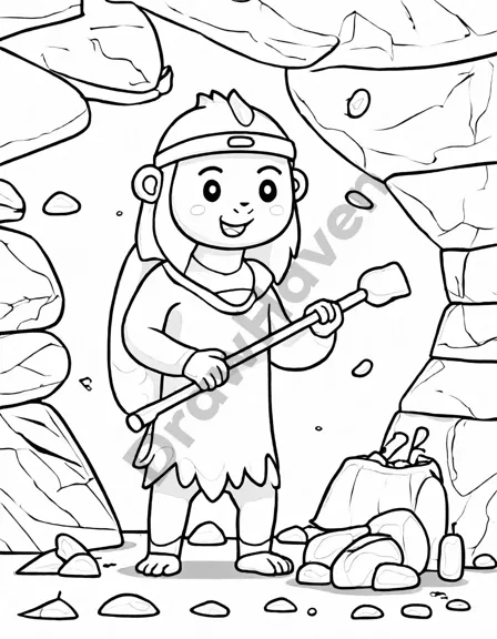 prehistoric coloring book page showcasing cavemen carving intricate figures on cave walls, depicting daily life and beliefs in black and white