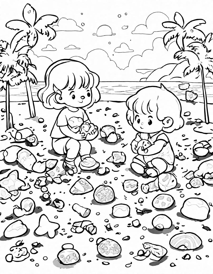 Coloring book image of illustration of candy land's butterscotch beach with licorice palm trees and caramel sea in black and white