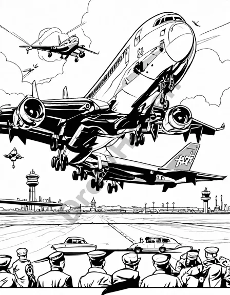 Coloring book image of jumbo jets preparing for takeoff at a bustling airport with detailed designs and liveries in black and white