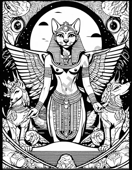 coloring book page featuring ancient egyptian gods ra, isis, anubis, and hathor in detailed regalia in black and white