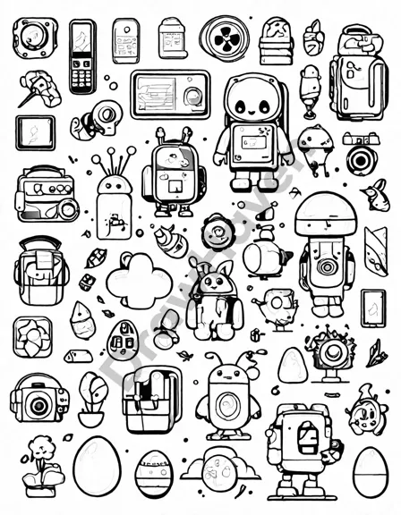 coloring book page featuring explorers, robots, and various techno gadgets with hidden tech icons in black and white