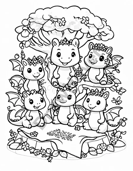 coloring book page of dragons and fairies signing a peace treaty in an enchanted forest in black and white