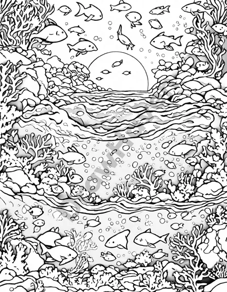 tranquil patterns of the deep sea coloring page with oceanic landscape, swirls, sea creatures, and calming vibes for therapeutic coloring experience in black and white