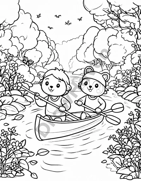 children rowing in a whimsical river scene coloring page with wildlife and lush foliage in black and white