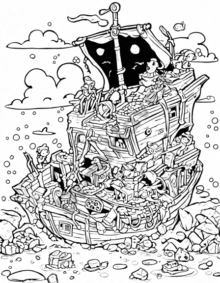 ancient shipwreck coloring page with sunken chests full of sparkling jewels and golden doubloons in black and white