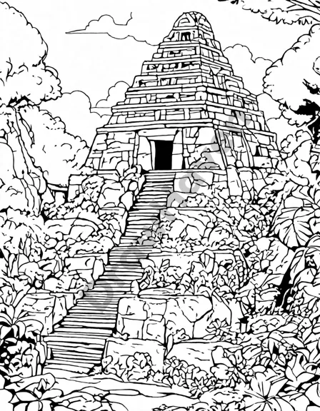mayan pyramid surrounded by lush jungle, intricate coloring book page for history buffs and enthusiasts in black and white
